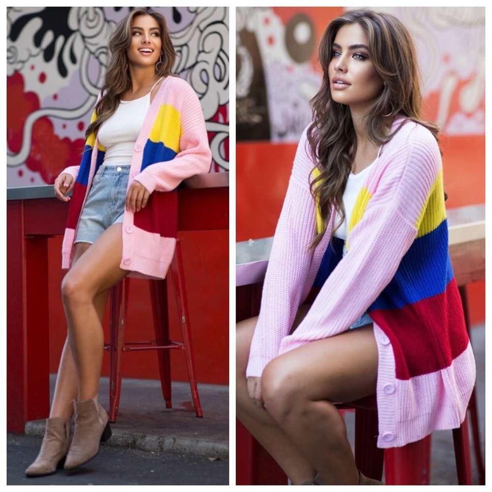 Pink color block cardigan sweater